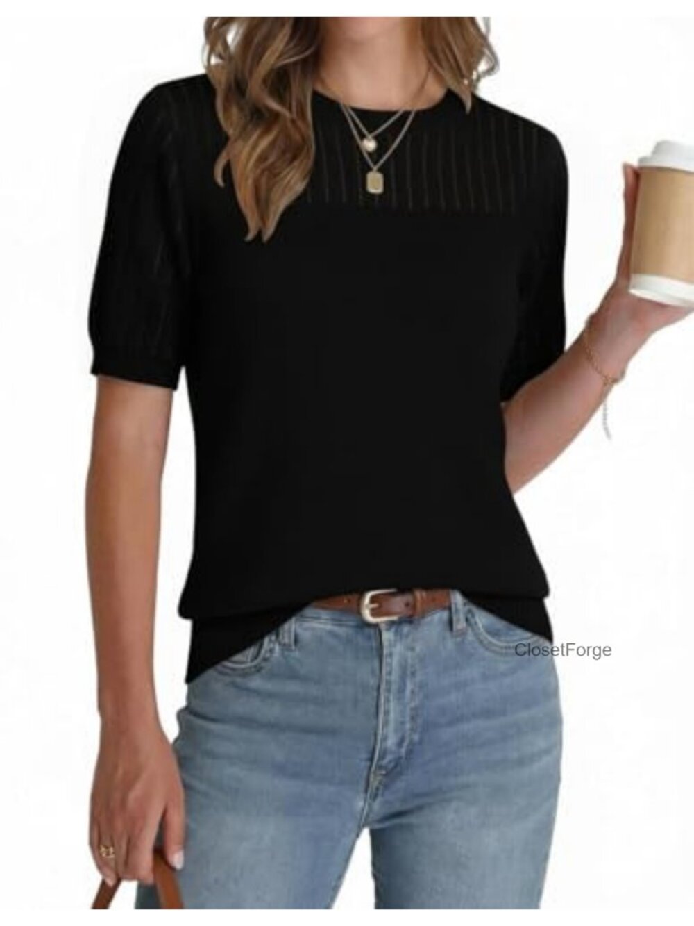 Women's Short Sleeve Knit Sweater Crew Neck Hollow Out Pullover